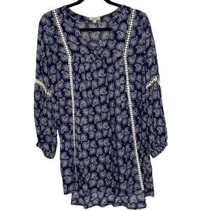 Kori America Paisley Mini Dress Women S Babydoll Crochet V-Neck Long Sleeve Blue